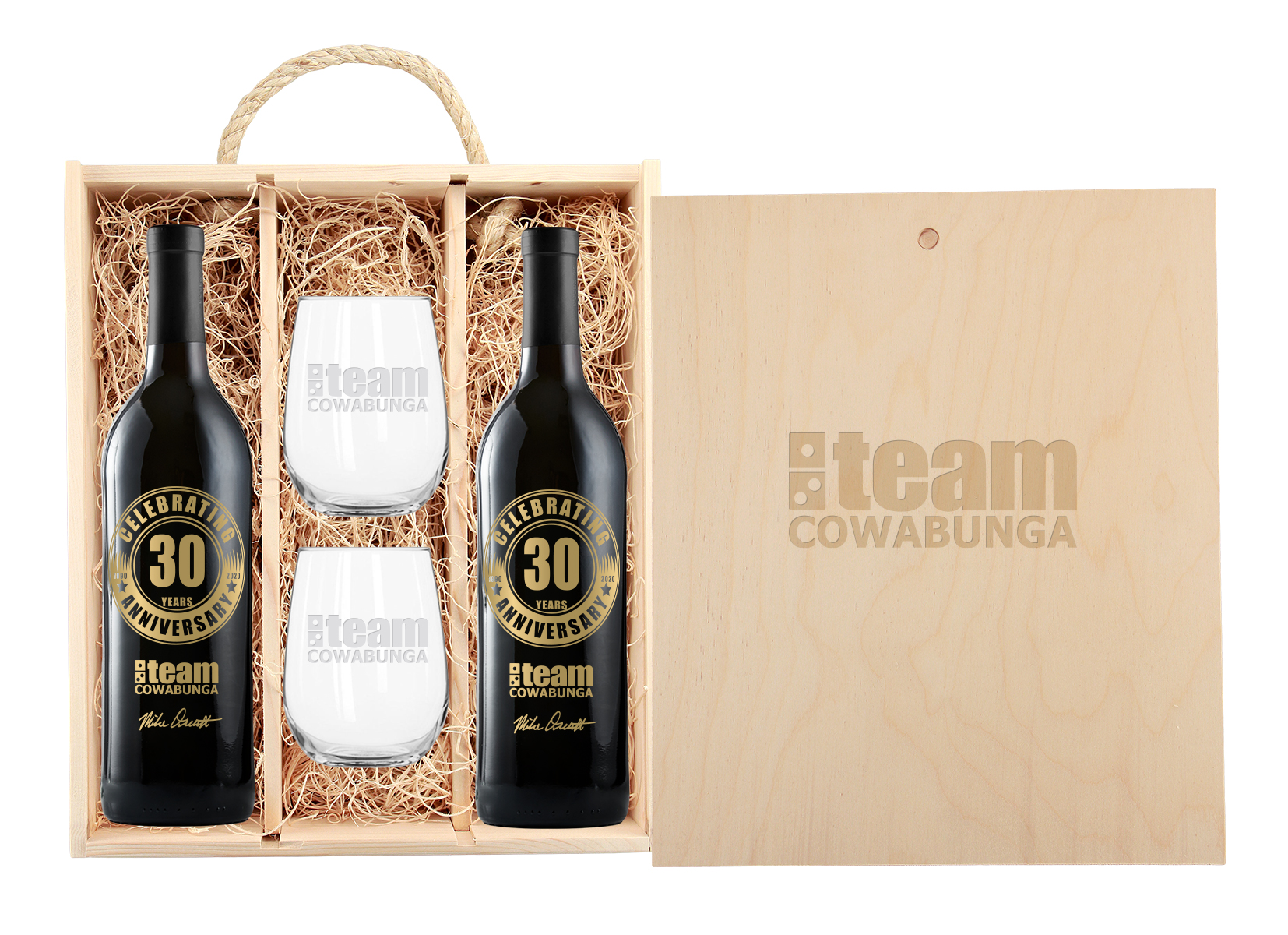 Rustic Laser-Engraved Triple Wood Box w/Custom Etched Wine Bottles + Glasses