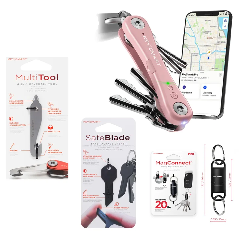 KeySmart Ipro Smart Key Organizer Works w/Apple Find My - Bundle - Rose Gold