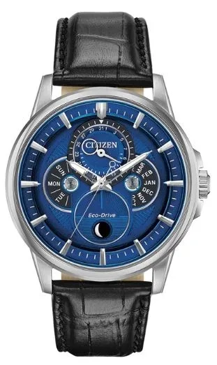 Citizen® Men's Calendrier Moonphase Eco-Drive® Watch w/Black Strap & Blue Dial