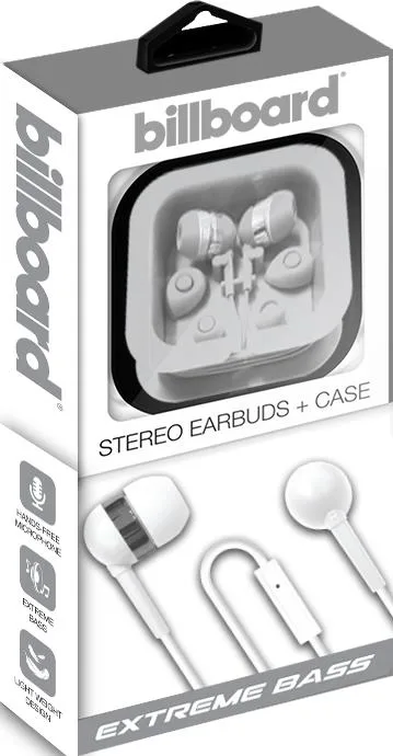 Billboard White Wired Stereo Earbuds w/Mic & Matching Case