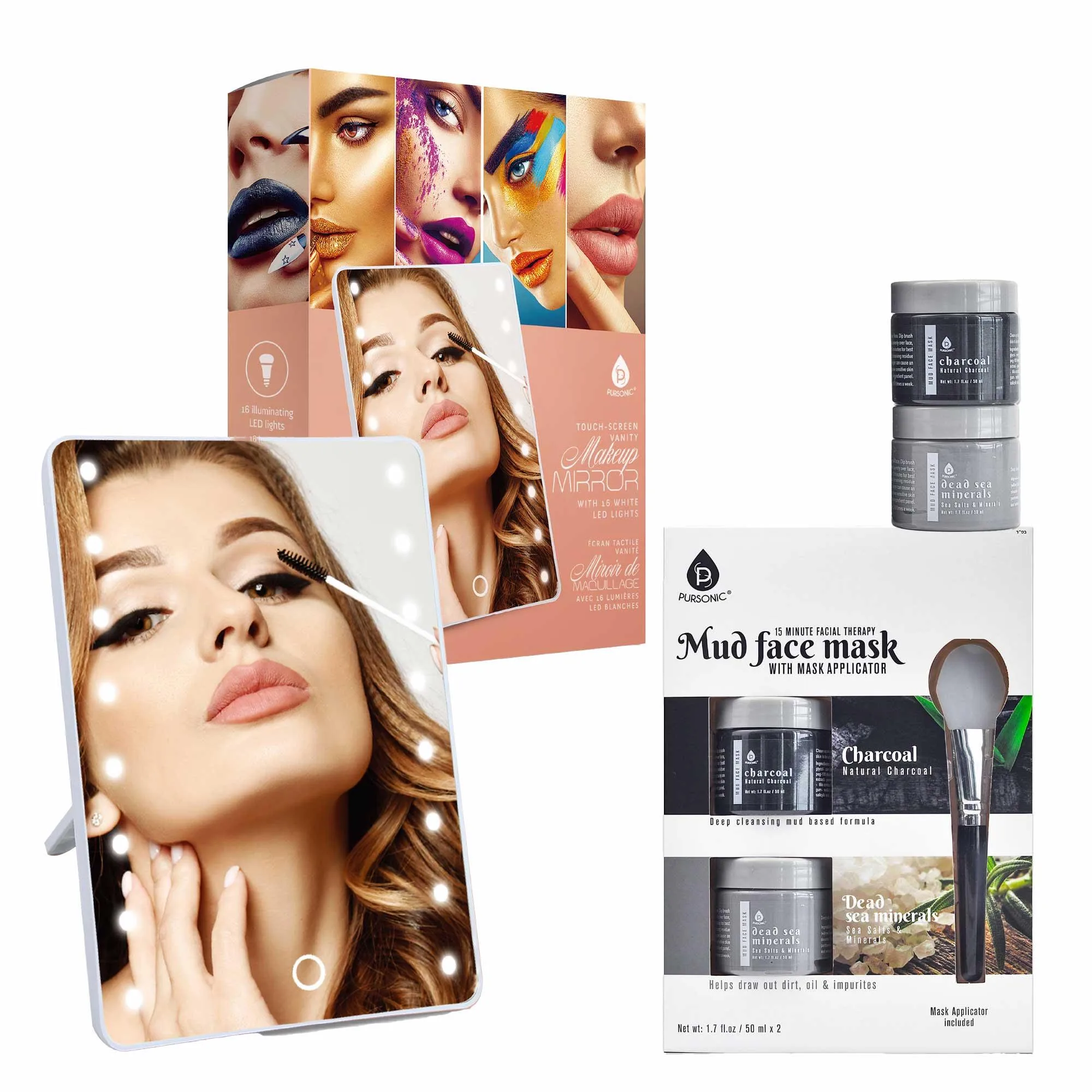 Pursonic Touchscreen Led Vanity Mirror And Luxurious Gel & Mud Face Mask Set