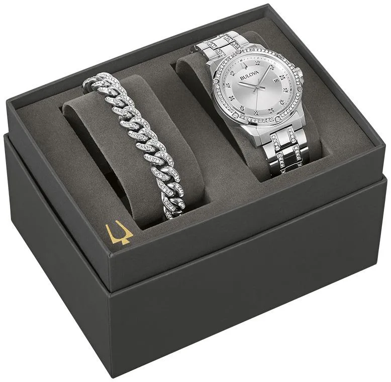 Bulova Watches Men's Crystal Box Set w/Silver Tone Watch And Bracelet