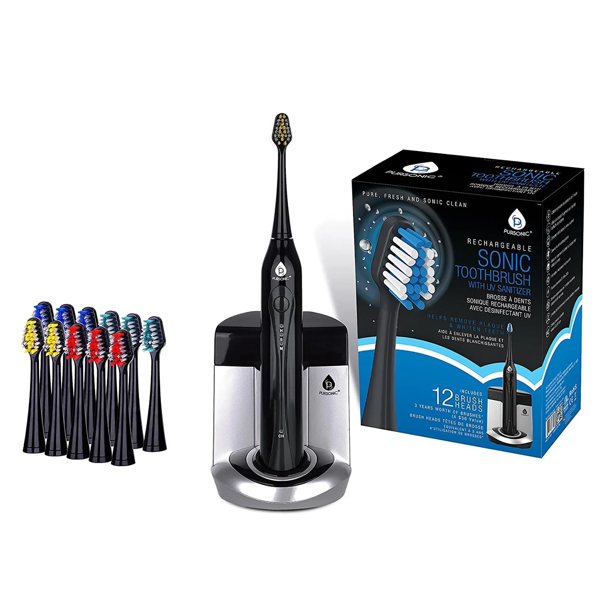 Pursonic Deluxe Plus Sonic Rechargeable Toothbrush w/Built In Uv Sanitizer - Black