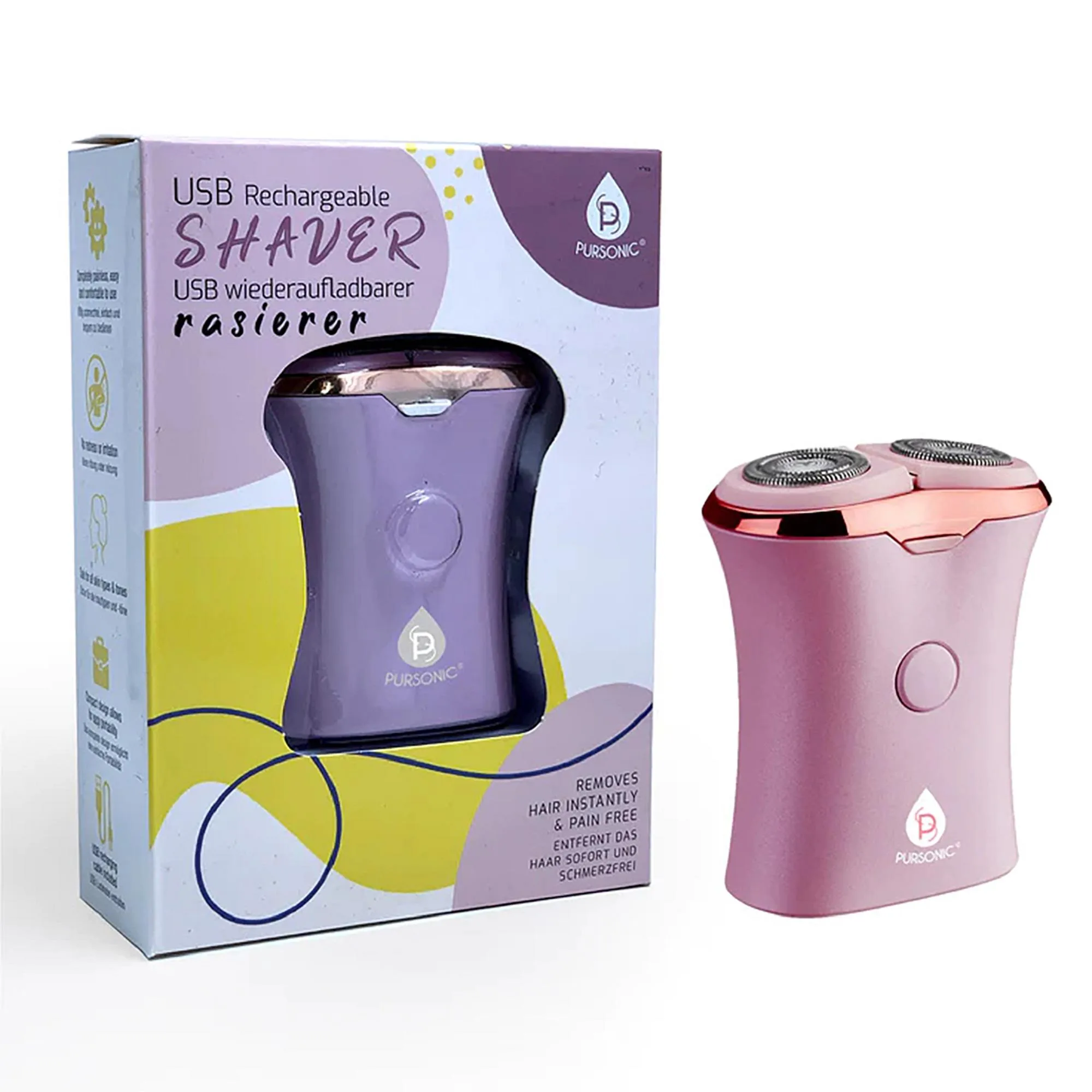 Pursonic Rechargeable Usb Ladies Shaver, Removes Hair Instantly & Pain Free - Pink