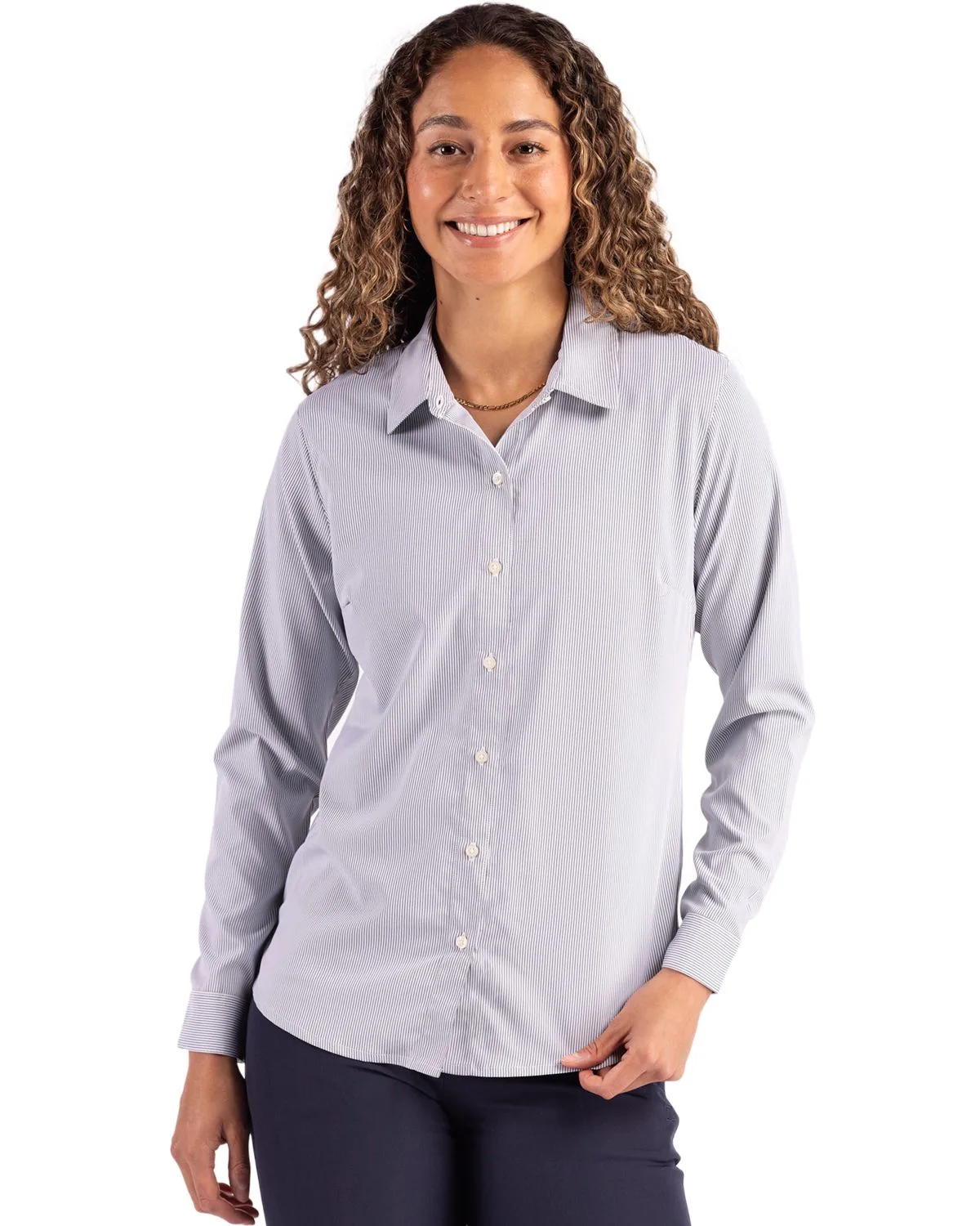 Cutter & Buck Skyline Recycled Pinstripe Womens Long Sleeve Spread Collar Dress Shirt