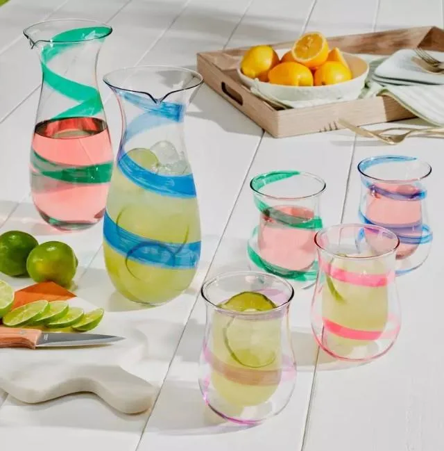Wine Enthusiast Hand-Painted Color Swirl Glass Carafe Duo And Double-Wall Tumblers (Set Of 6)