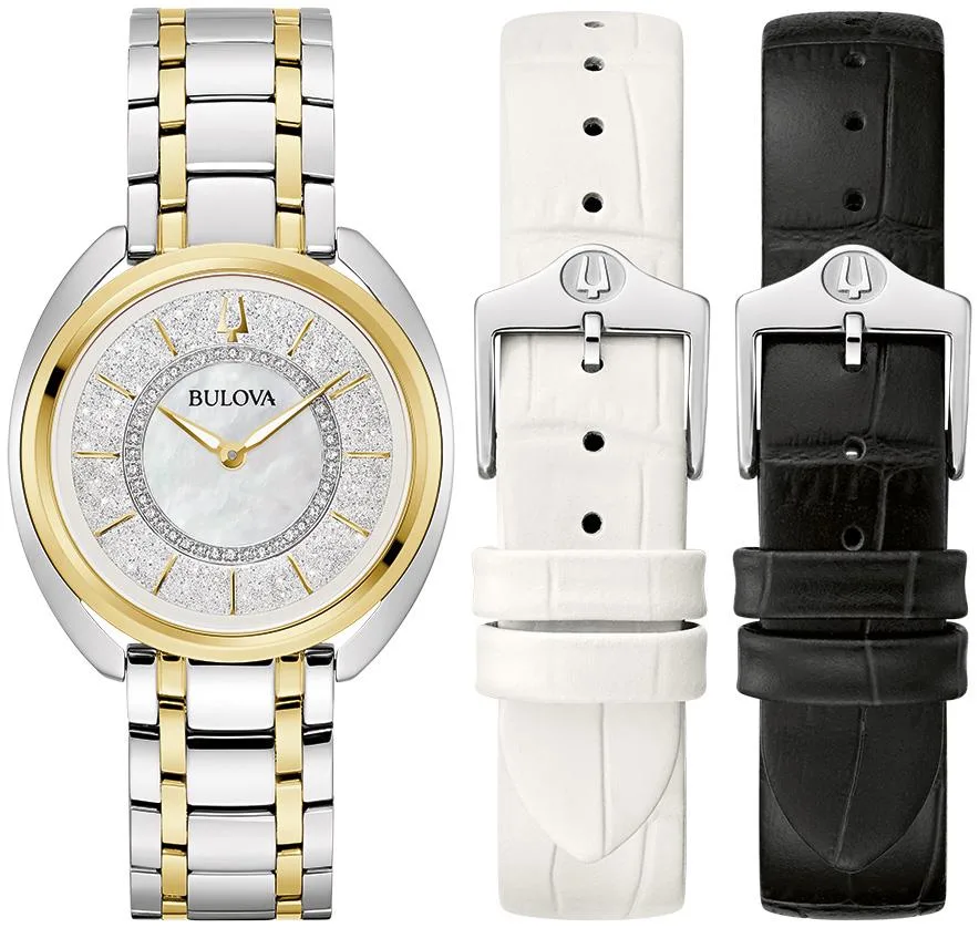 Bulova Watches Ladies' Crystal Duality Box Set Ss Bracelet White Mop Leather Interchangeable Strap
